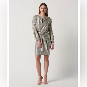 NWT Joseph Ribkoff Gold/Grey Foiled Knit Sheath Dress With Puff Sleeves, size 6